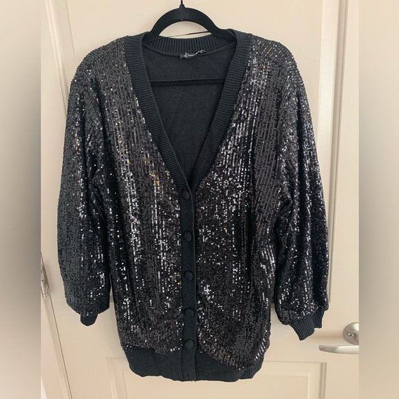 NWT INC Sequined Black Long Boyfriend Cardigan Large Get your “Shimmer On” - Picture 8 of 9